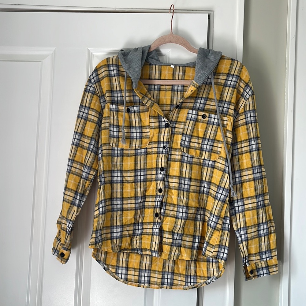 Plaid Hooded Button-Up Shirt Jacket - Yellow Plaid